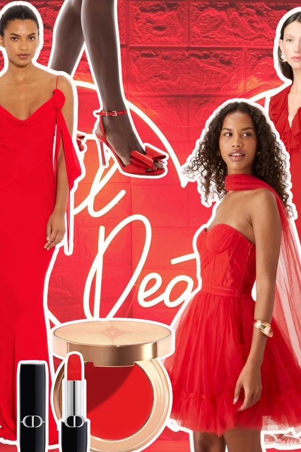 A collage of the best dresses, shoes and beauty products to include the tomato red trend into your wedding colour palette