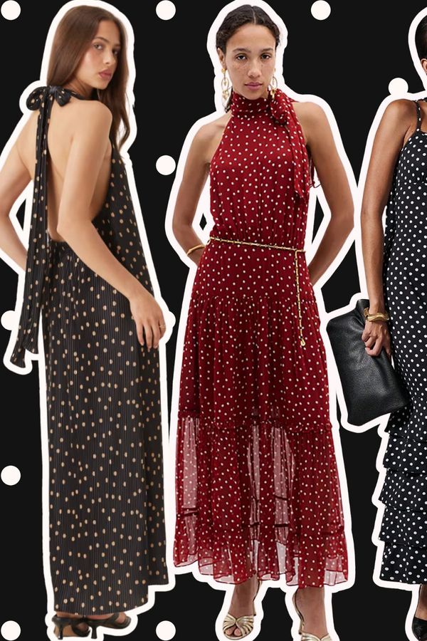 Collage of the best polka dot dresses by Rock My Wedding for wedding guests from ASOS, Rixo, SHEIN and more.