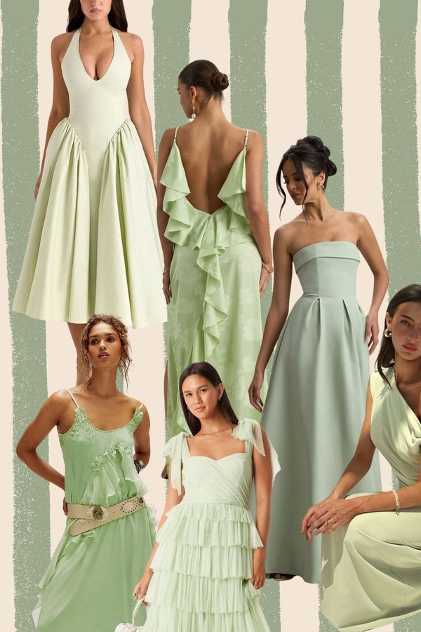 Collage of the best pistachio green wedding guest dresses by Rock My Wedding, including House of CB, Club L London, Free People, plus more.