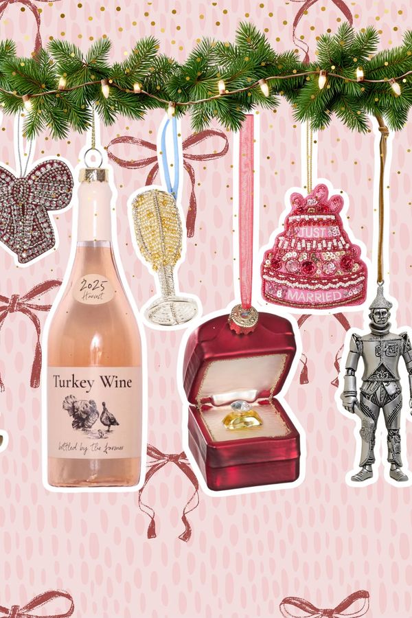 Christmas garland decorated with baubles, personalised ornaments, and festive decorations for brides, newlyweds, and engaged couples