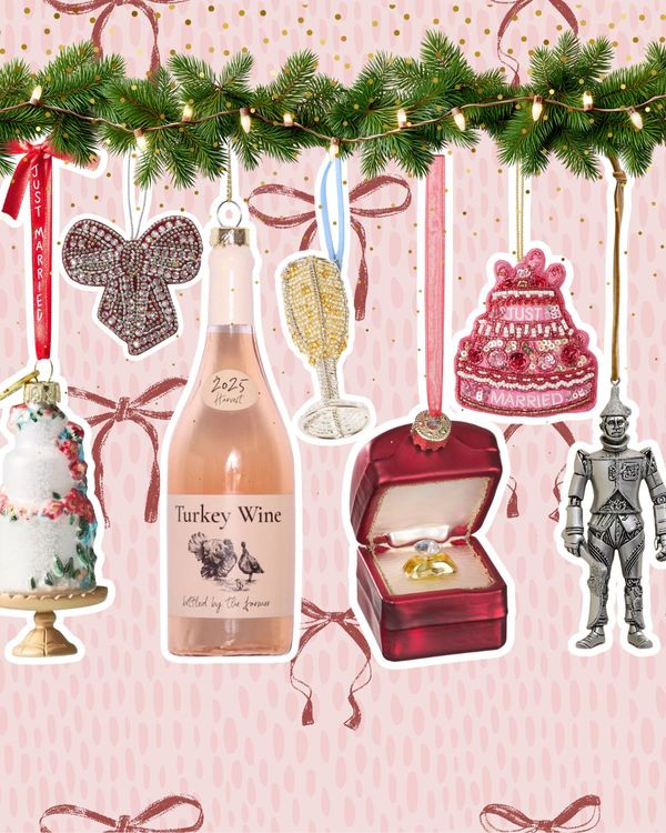 Christmas garland decorated with baubles, personalised ornaments, and festive decorations for brides, newlyweds, and engaged couples