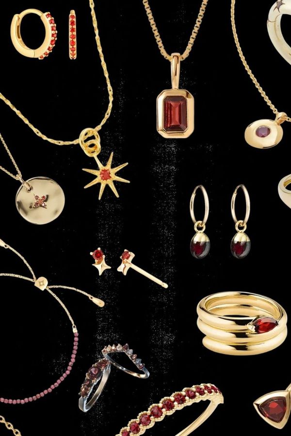 Collage of the best Garnet January birthstone jewellery to shop