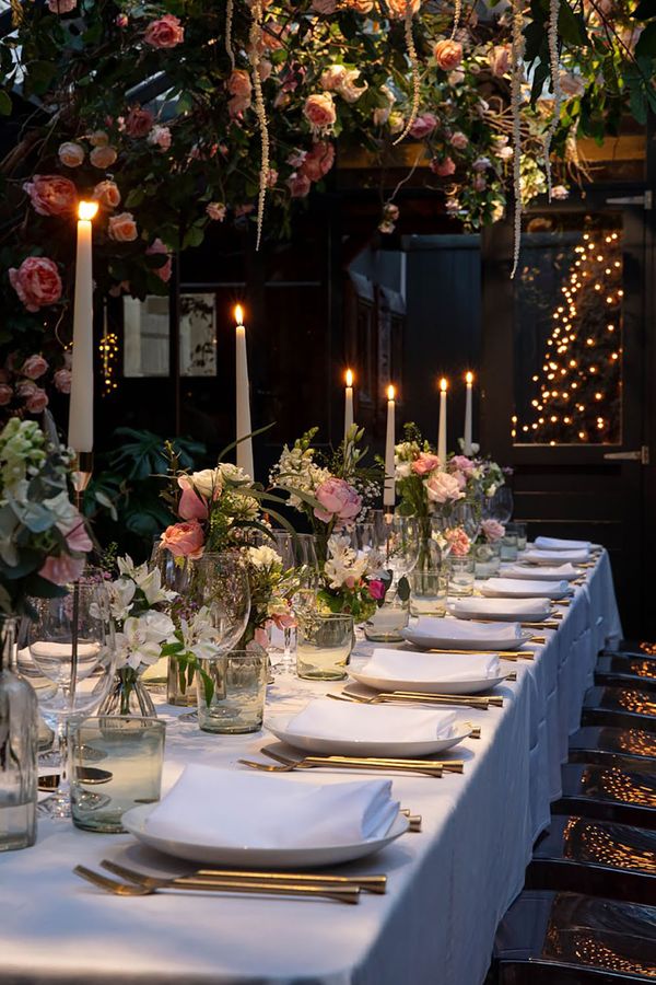 Beautiful botanical tablescape at The Greenhouses, Marylebone, engagement party venue