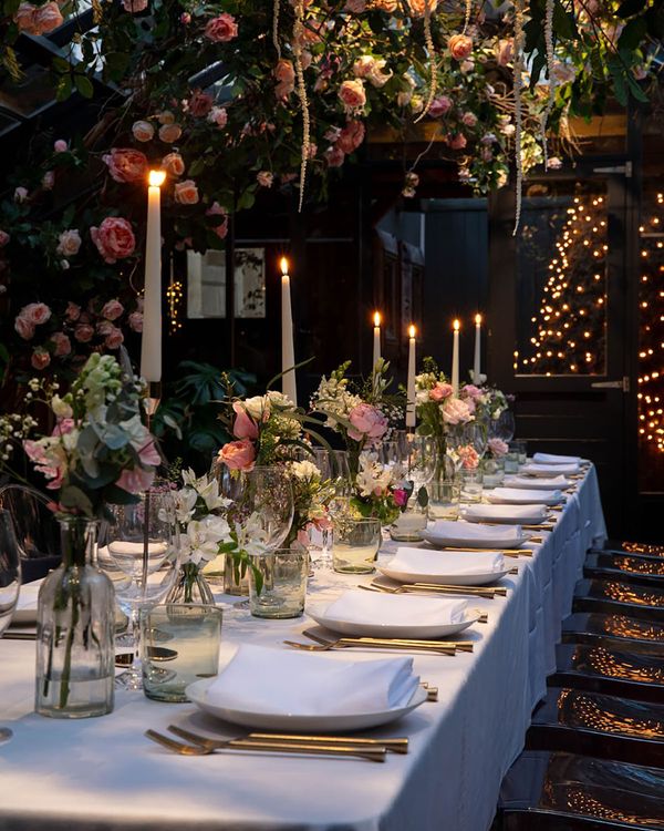 Beautiful botanical tablescape at The Greenhouses, Marylebone, engagement party venue
