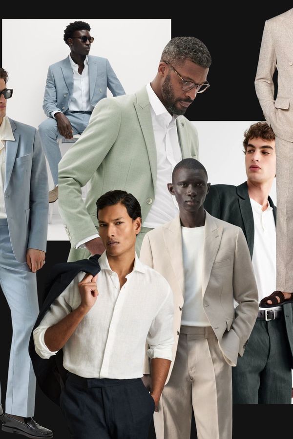 Collage edit of the best spring wedding suits for men to shop by Rock My Wedding