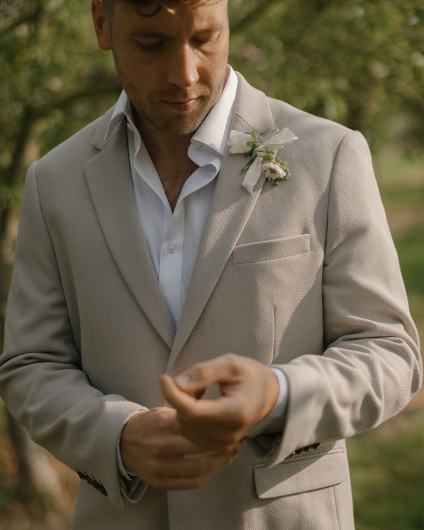 Neutral coloured spring wedding groom suit
