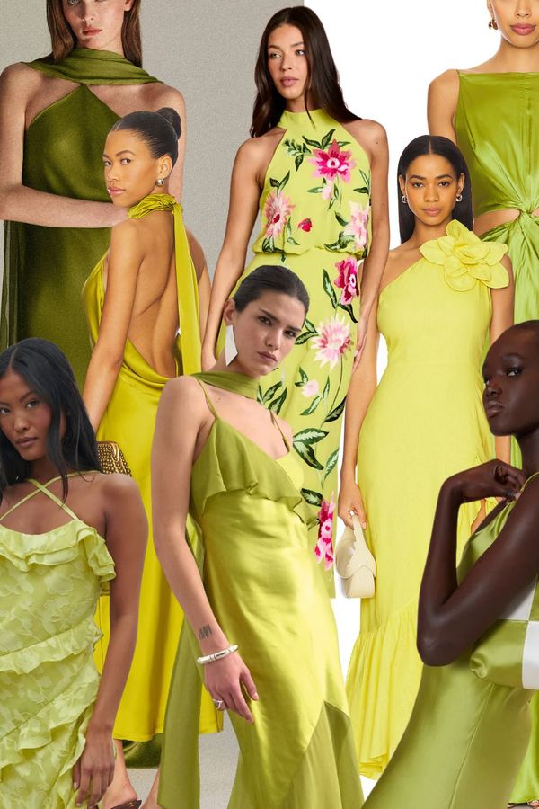Collage edit of the best chartreuse wedding guest dresses to shop
