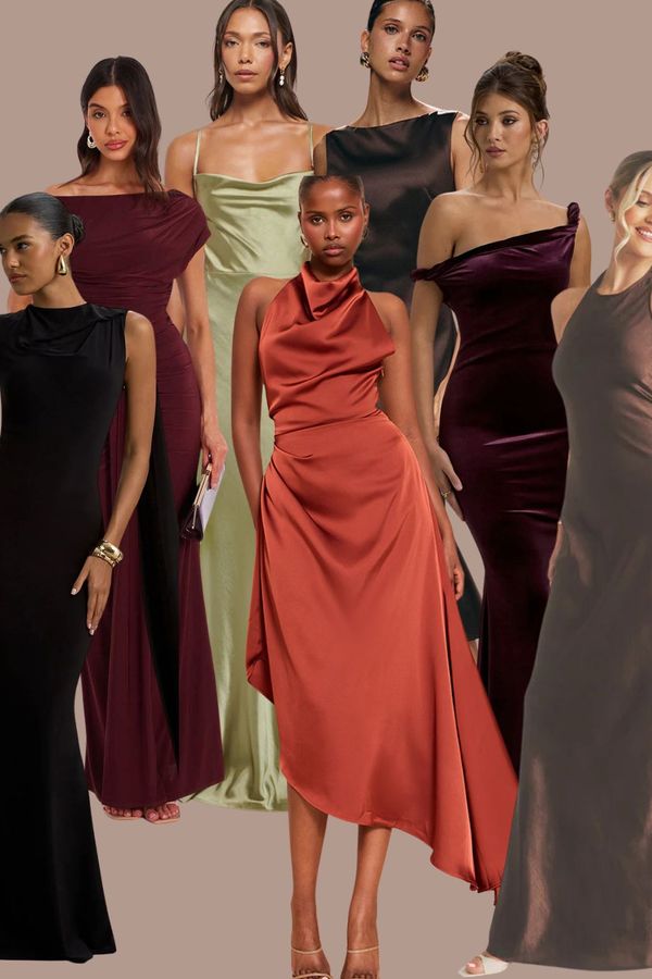 autumn bridesmaid dresses for bridal party in matching orange gowns