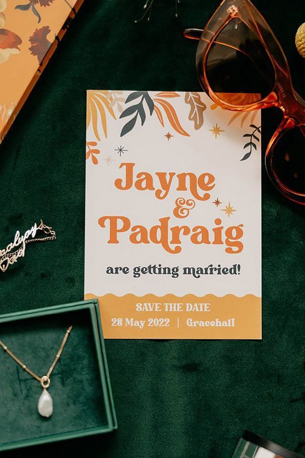 Dark green and orange wedding save the date card