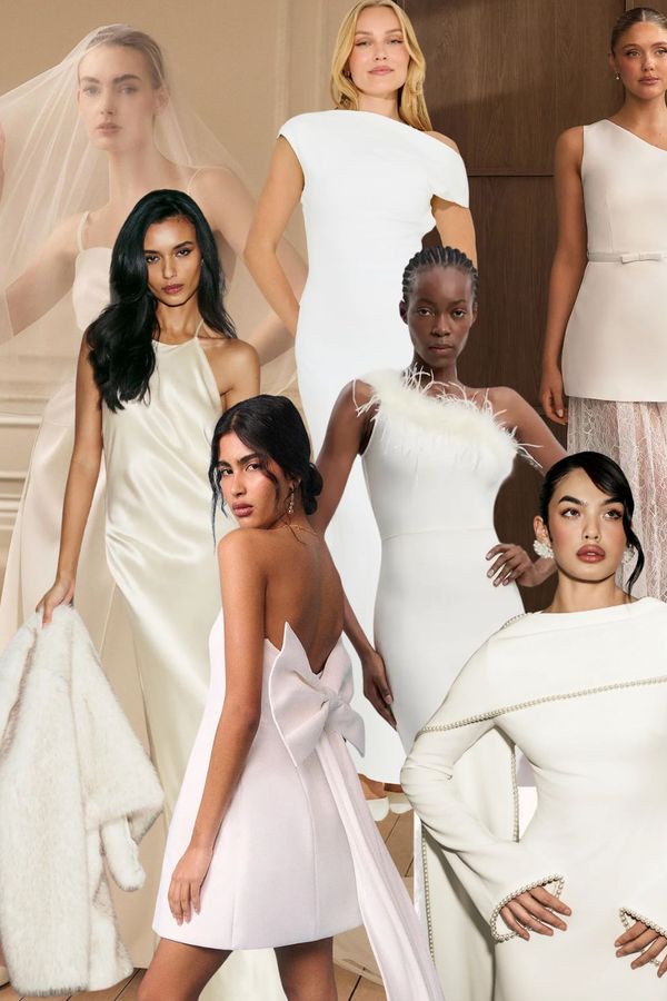 Collage edit of the best high street wedding dresses, including Six Stories, Odd Muse and more