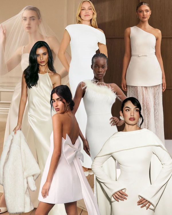 Collage edit of the best high street wedding dresses, including Six Stories, Odd Muse and more