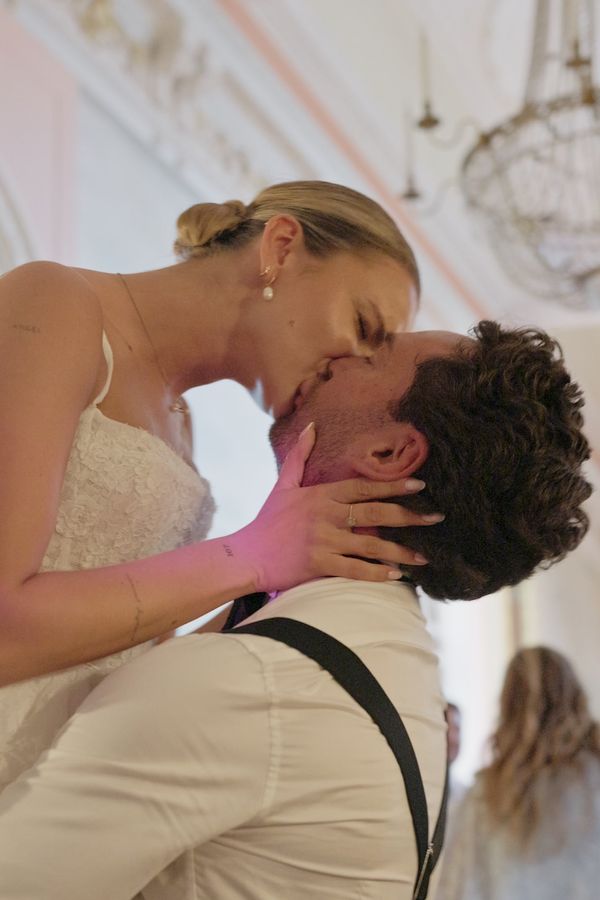 Bride and groom ion the dancefloor in the ballroom at Danesfield House, Marlow, Buckinghamshire. Film by Dean Sherwood.