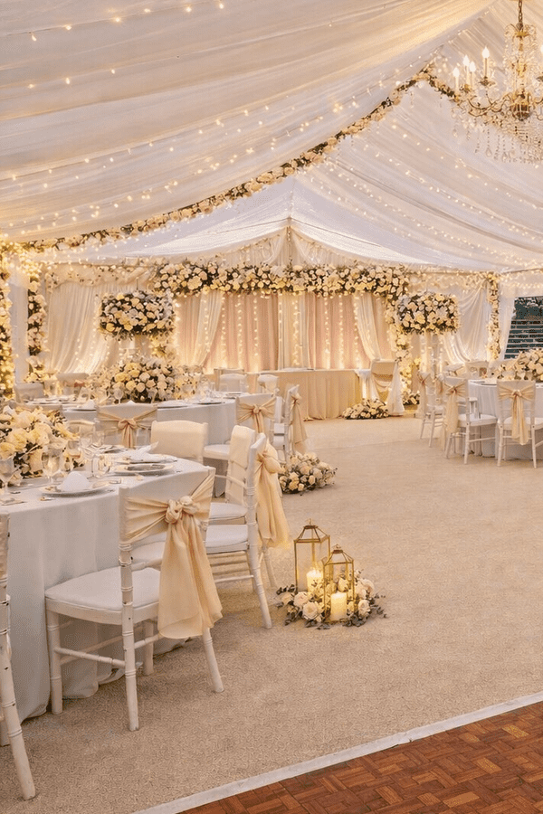 Elegant wedding marquee interior with ivory draping, chandeliers, warm ambient lighting, and gold Chiavari chairs, styled for a luxury wedding reception by NK Marquees