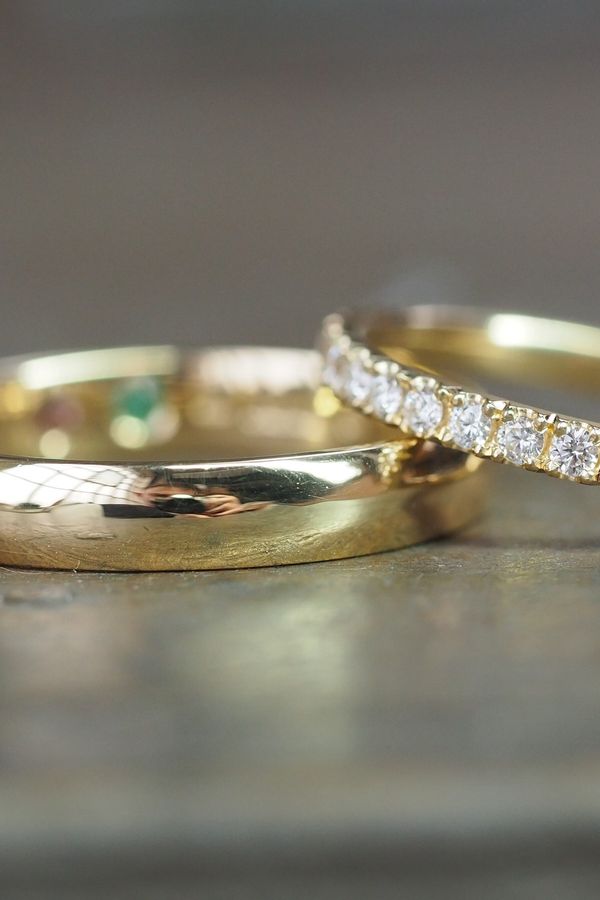 Gold wedding rings made by clients in our make your own wedding ring workshop