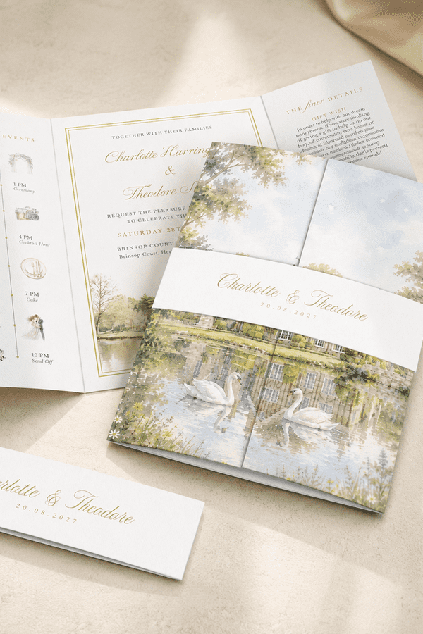 The signature wedding invitation featuring a watercolour of your own wedding venue