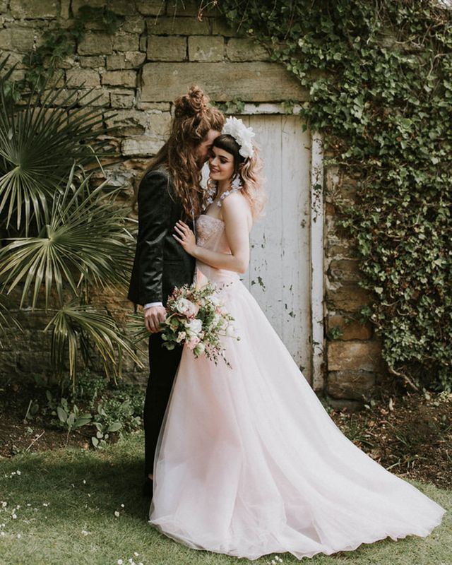 romantic pink strapless wedding dress at Spring Hooton Pagnell wedding inspiration 
