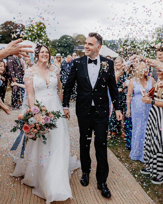 Culden Faw Estate wedding venue with the bride and groom having a confetti exit.