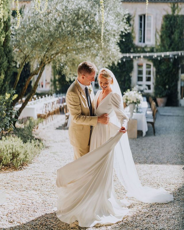 Château de Malliac destination wedding with green satin bridesmaid dresses and a bespoke Emma Beaumont bridal gown by Clara Cooper