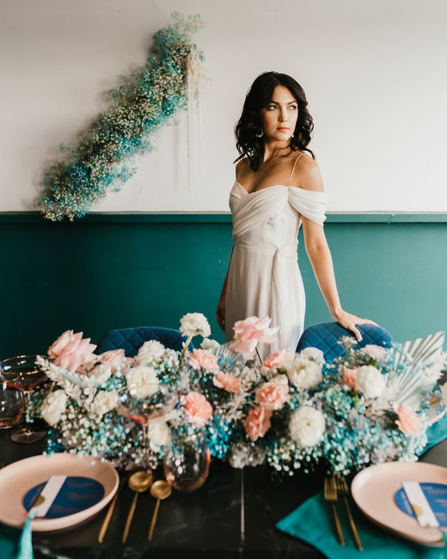 pink and teal wedding inspiration with gypsophila flowers, disco balls and stylish wedding dresses
