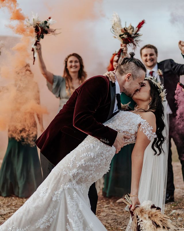 Smoke bomb portrait at Milling Barn wedding.