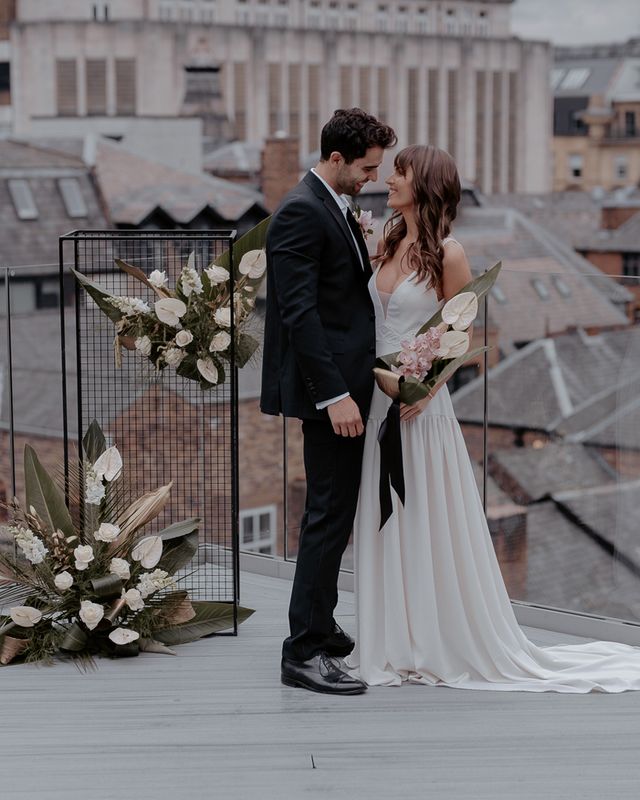 Modern Urban Jungle Wedding Inspiration at Manchester Hall with Daniel Chu dresses