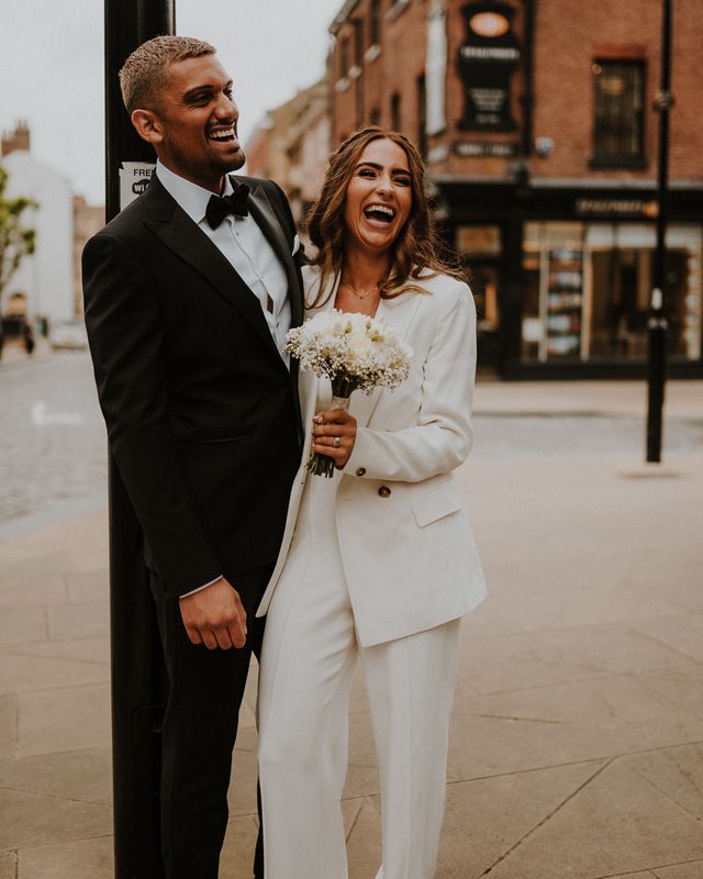 Intimate Sheffield registry office wedding with bridal suit, tuxedo and gypsophila flower crown