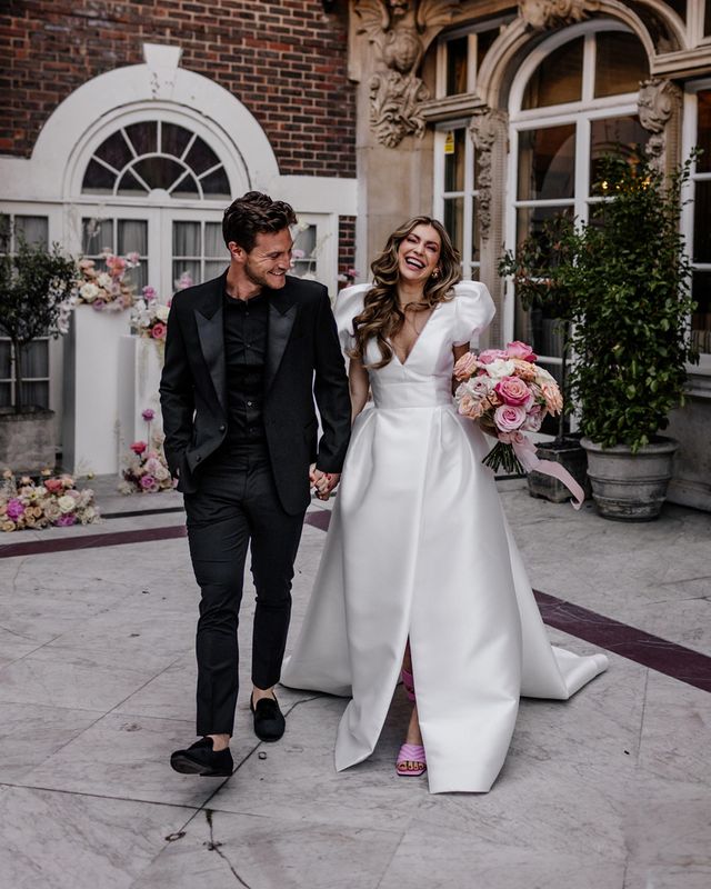 Stylish Mayfair wedding inspiration with Love In Lace Bridal gown with pockets and peeled back blush roses