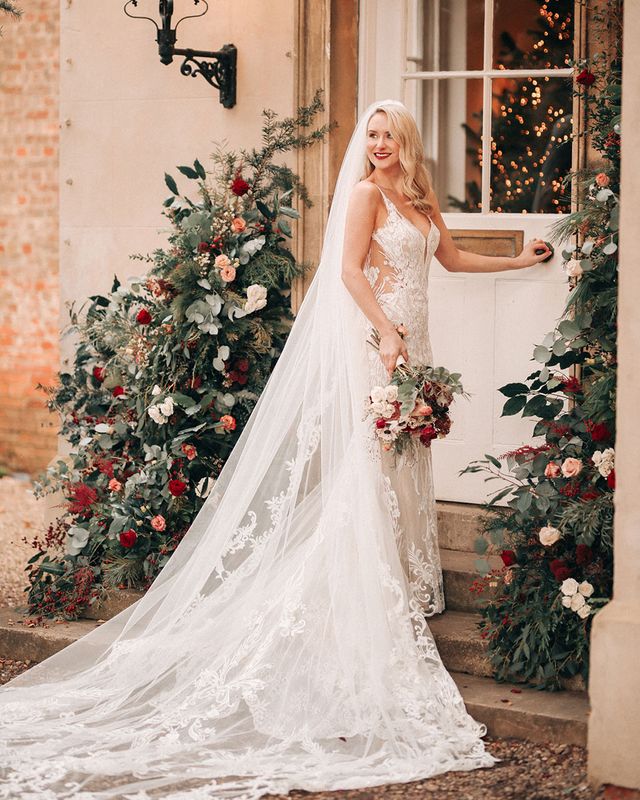 Aswarby Rectory winter wedding with bride in embellished lace wedding dress