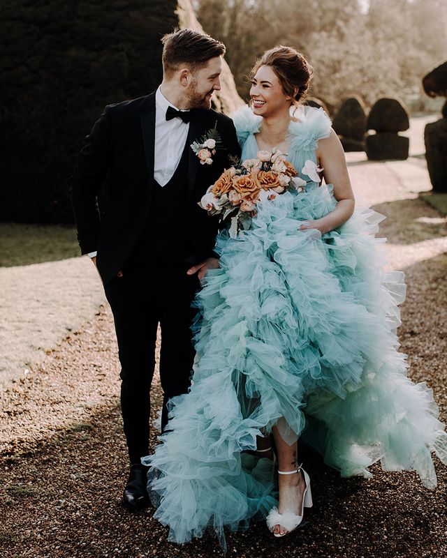 something blue wedding ideas with blue ruffle tulle wedding dress