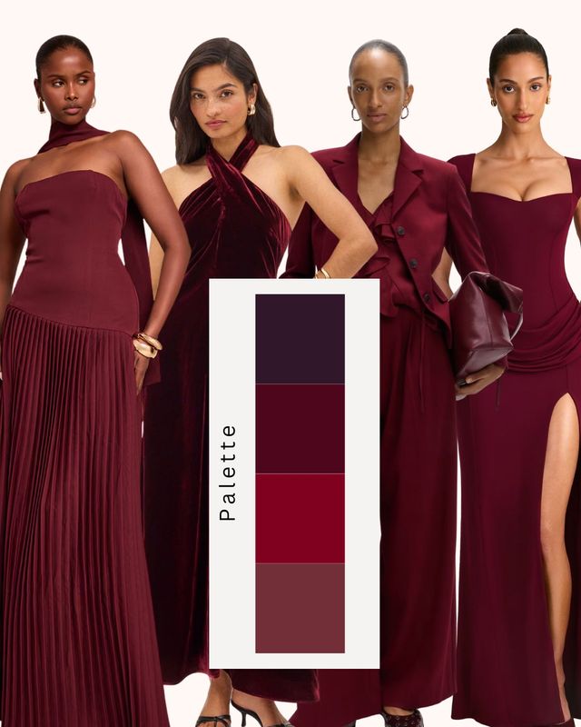 Edit of the best burgundy wedding guest outfits and trending dark red colours for winter 