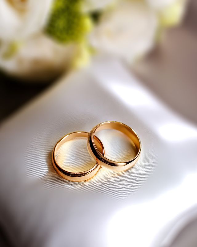 Close up of two wedding rings, placed on a cushion, highlighting marriage