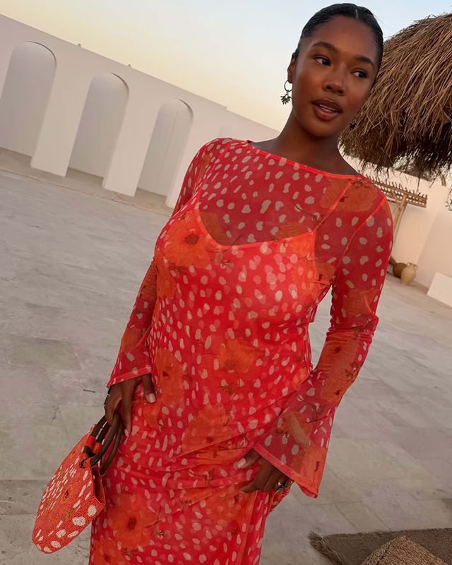 Never Fully Dressed coral print sheer mesh destination wedding guest dress