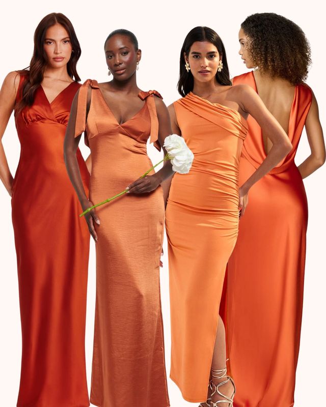 Collage of the best orange bridesmaid dresses selected by Rock My Wedding, from Omnes, New Look, Pretty Lavish, Quiz and more.