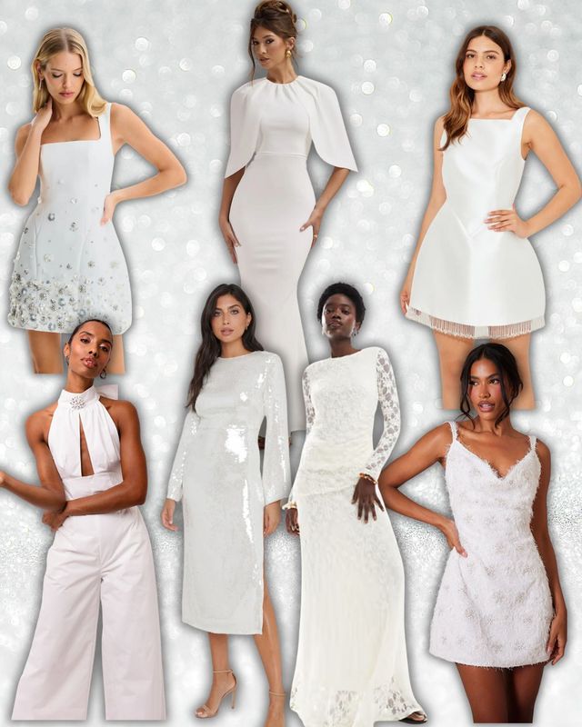 Bride wearing short winter wedding dress with feathers