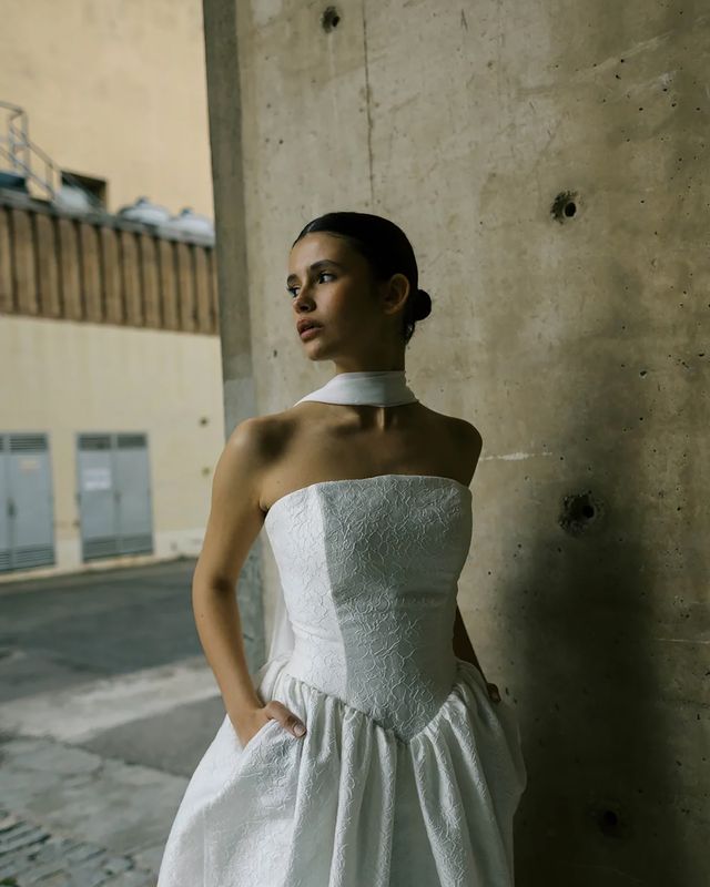 Rolling In Roses designer sustainable wedding dress with drop waist and scarf