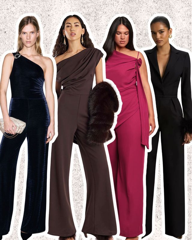 Collage of the best wedding guest jumpsuits, including wide-leg, petite and plus-size styles.