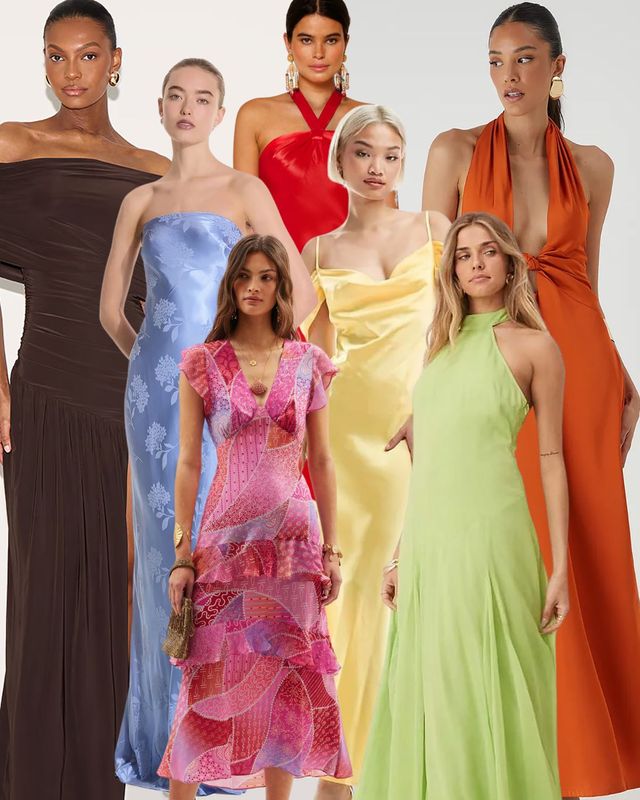 The best wedding guest dresses by colour to shop online, including blue, green and pink styles.