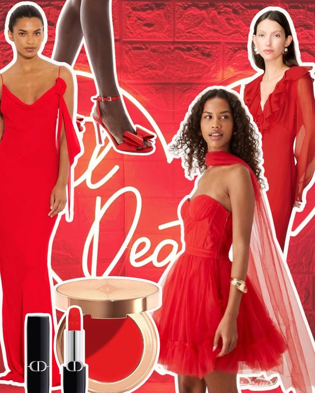 A collage of the best dresses, shoes and beauty products to include the tomato red trend into your wedding colour palette