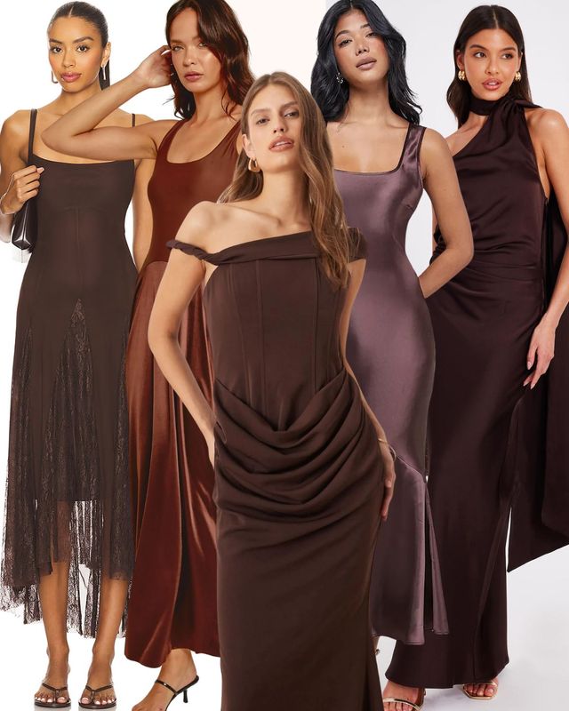Collage of the best chocolate brown wedding guest dresses from Revolve, Rare, Warehouse, Quiz, Six Stories and more.