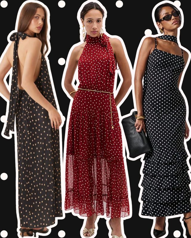 Collage of the best polka dot dresses by Rock My Wedding for wedding guests from ASOS, Rixo, SHEIN and more.