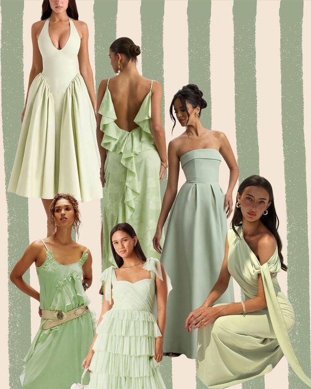 Collage of the best pistachio green wedding guest dresses by Rock My Wedding, including House of CB, Club L London, Free People, plus more.