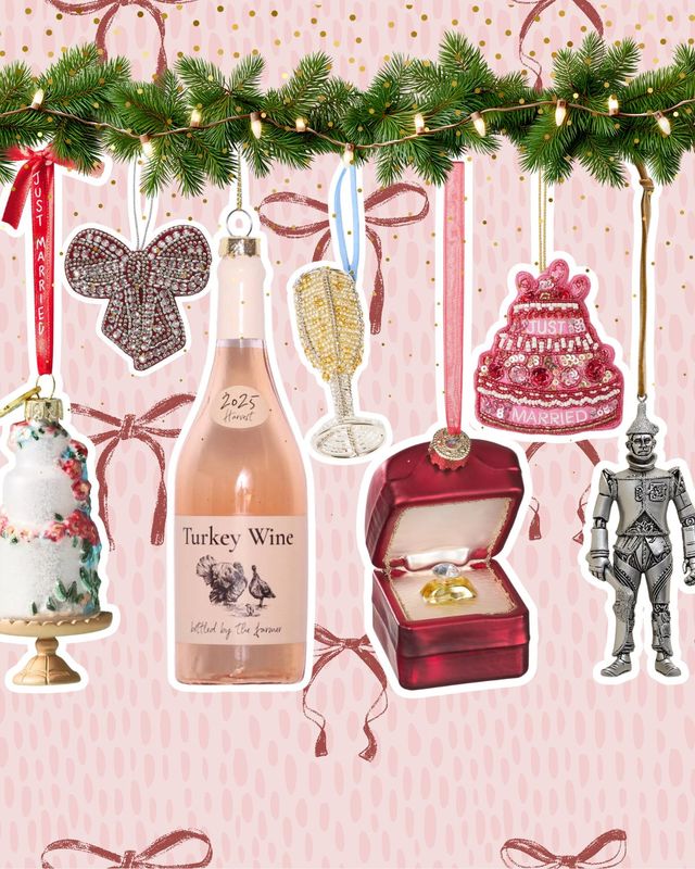 Christmas garland decorated with baubles, personalised ornaments, and festive decorations for brides, newlyweds, and engaged couples