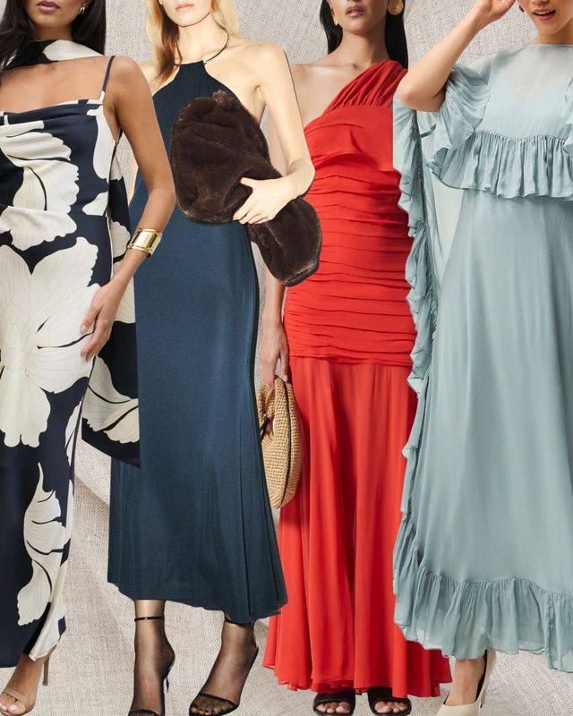 Collage of the best affordable wedding guest dresses from high street brands