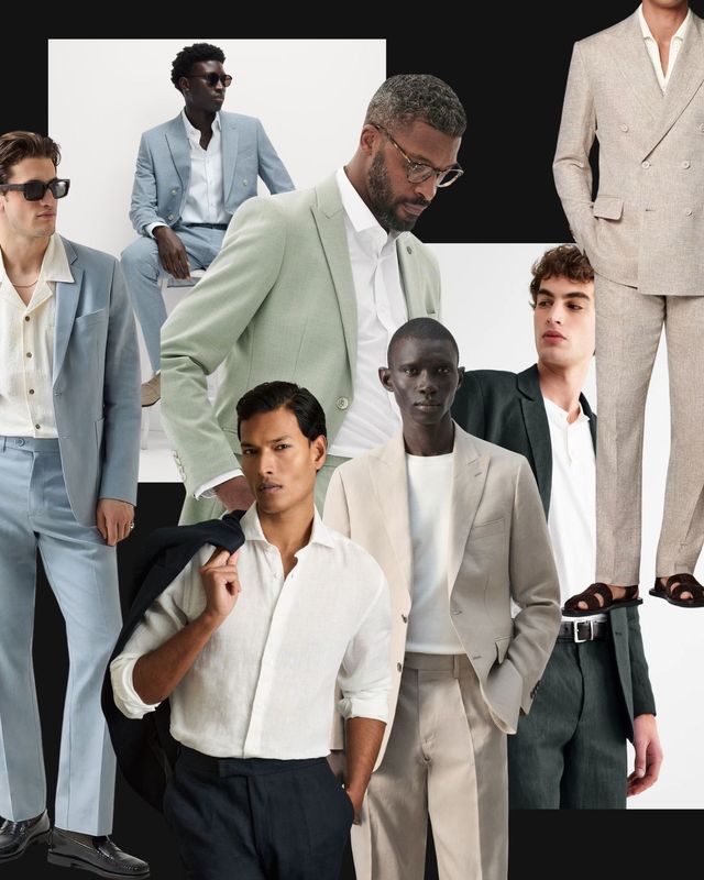 Collage edit of the best spring wedding suits for men to shop by Rock My Wedding