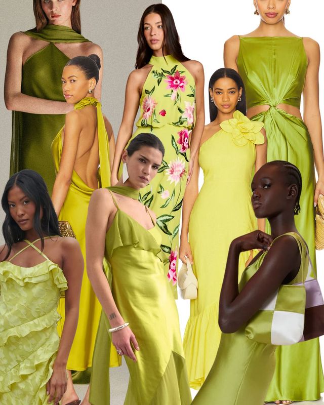 Collage edit of the best chartreuse wedding guest dresses to shop