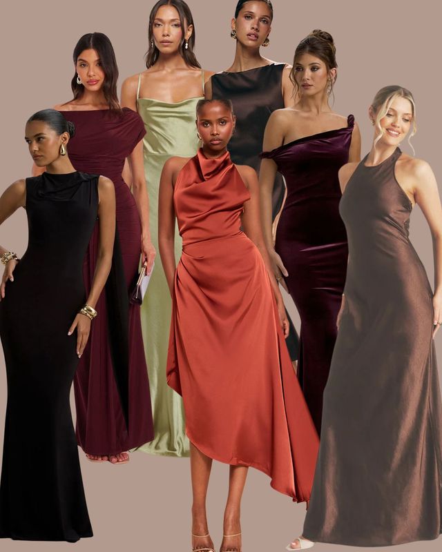 autumn bridesmaid dresses for bridal party in matching orange gowns