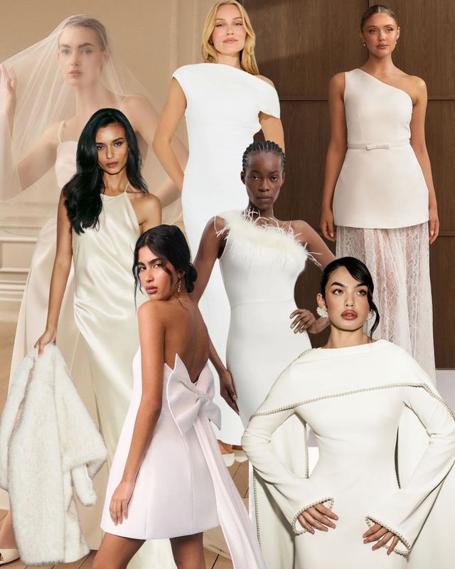 Collage edit of the best high street wedding dresses, including Six Stories, Odd Muse and more