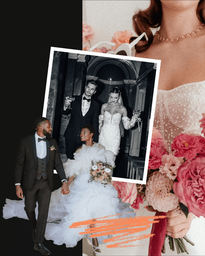 Collage of Rock My Wedding Recommended Suppliers including a bride in a modern gown, stylish wedding party, and floral details