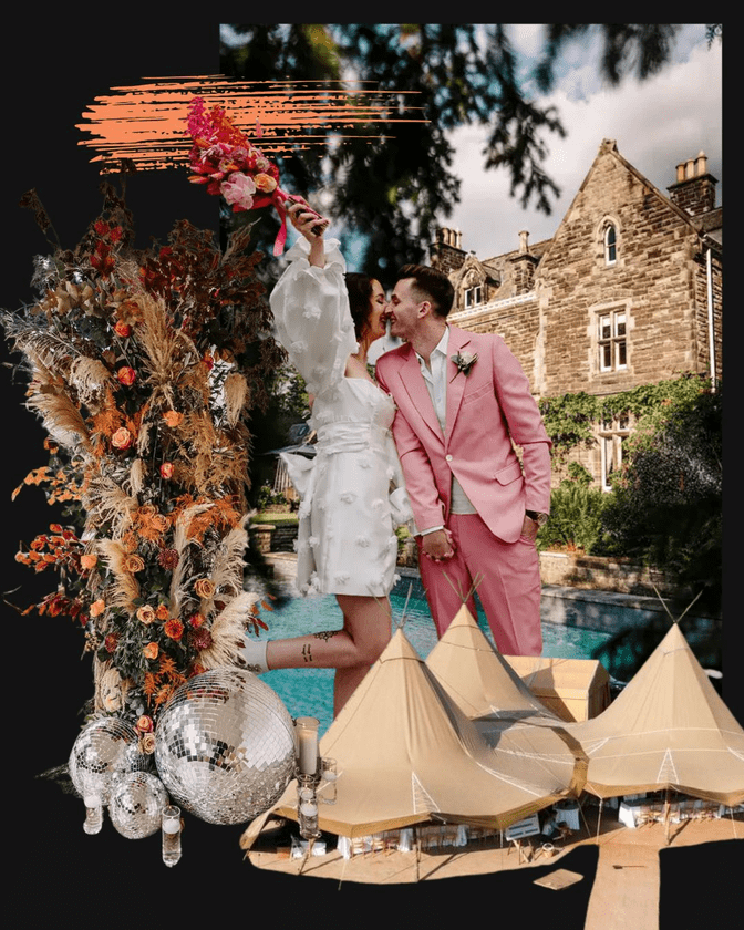 Rock My Wedding Recommended Venue collage featuring a wedding couple outside a decorated venue with floral installations and styled details