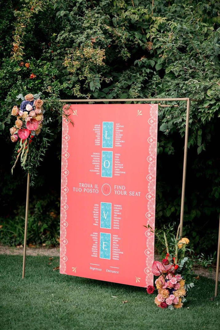 Hot pink and blue statement wedding seating chart